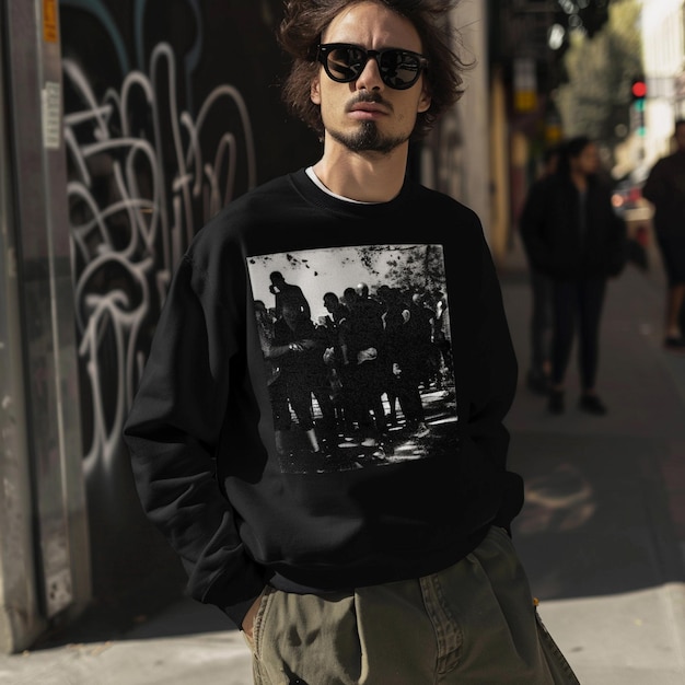 Photo a man wearing a black shirt with a picture of a man in sunglasses