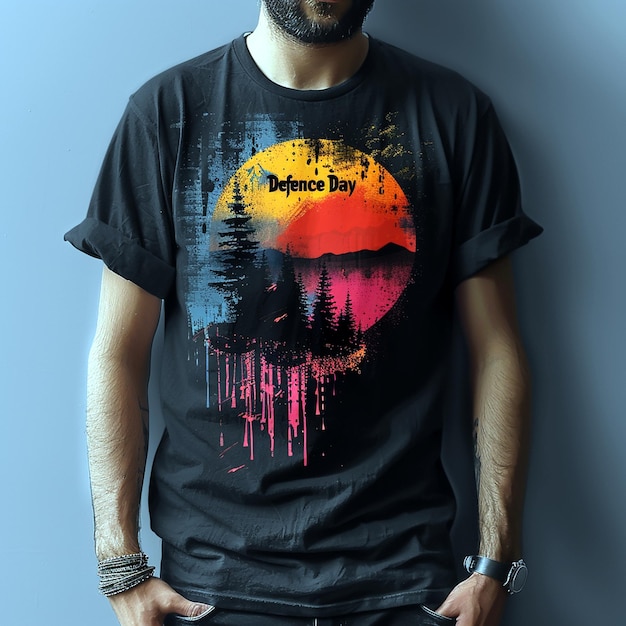 Photo a man wearing a black shirt with a red and orange sunset on it