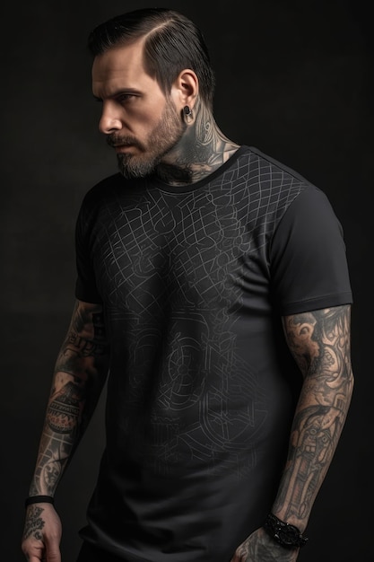 A man wearing a black shirt with a tattoo on the front.