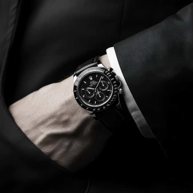 a man wearing a black suit with a watch on his wrist