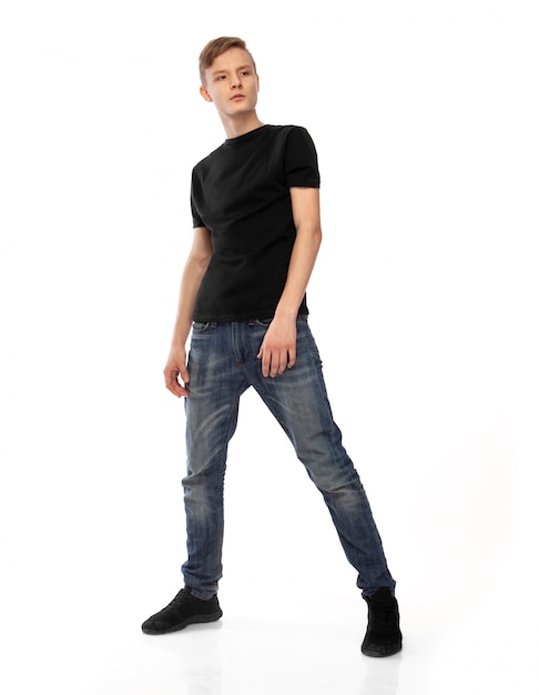 Man wearing black t-shirt. Isolated on white