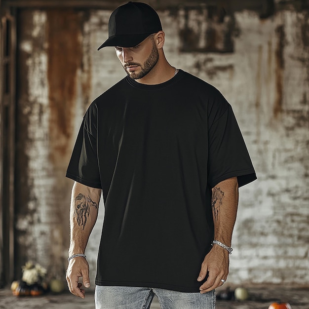 Photo man wearing black t shirt mockup on halloween background