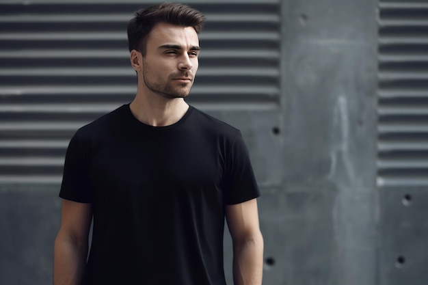 A man wearing a black t - shirt stands in front of a grey wall.