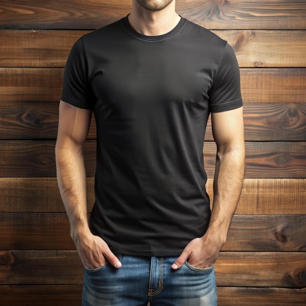 Man Wearing Black TShirt Mockup Against Wooden Background Generative AI