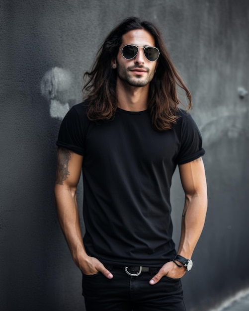 A man wearing a black tshirt stands against a grey wall