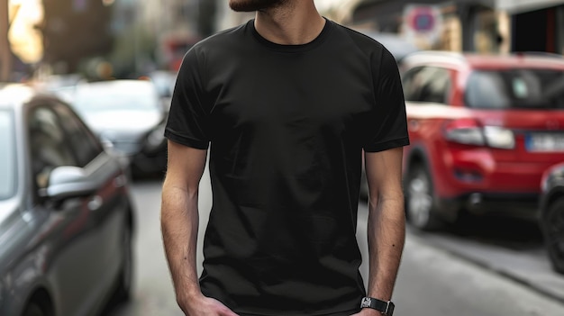 A man wearing a blank black tshirt stands on a city street