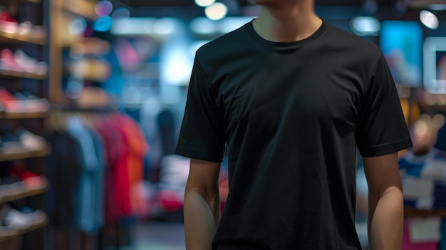 A man wearing a blank black tshirt stands in a retail store