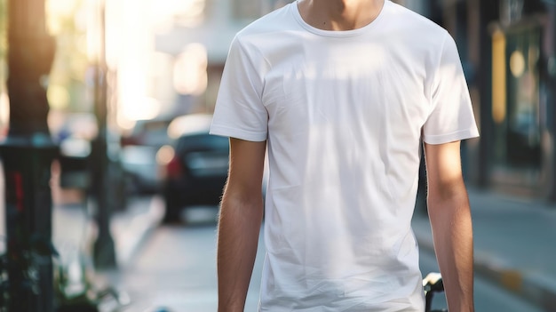 Photo man wearing a blank white tshirt for mockup