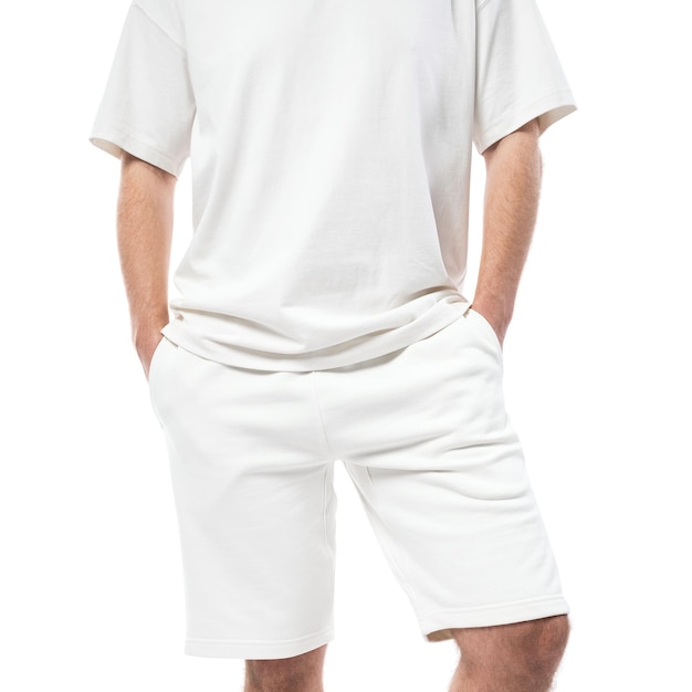 Man wearing blank white tshirt and shorts isolated on white background