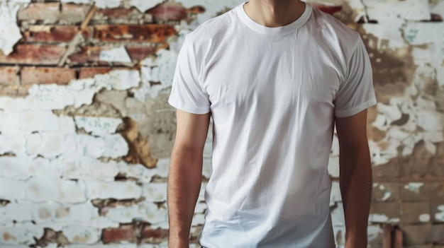 A man wearing a blank white tshirt stands against a distressed brick wall