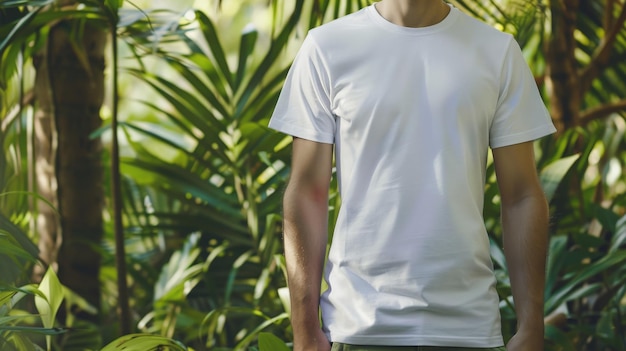 Photo a man wearing a blank white tshirt stands in a lush tropical garden