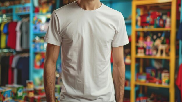 Photo a man wearing a blank white tshirt stands in a toy store