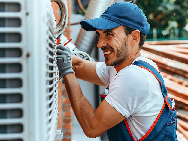 a man wearing a blue hat is working on a pipe