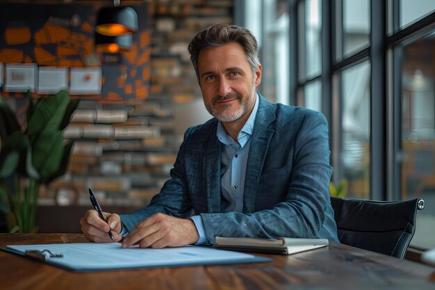 Man wearing blue jacket sitting table pen paper