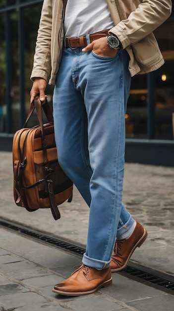 Photo a man wearing blue jeans with a white shirt and brown shoes