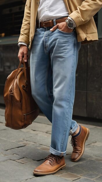 Photo a man wearing blue jeans with a white shirt and brown shoes