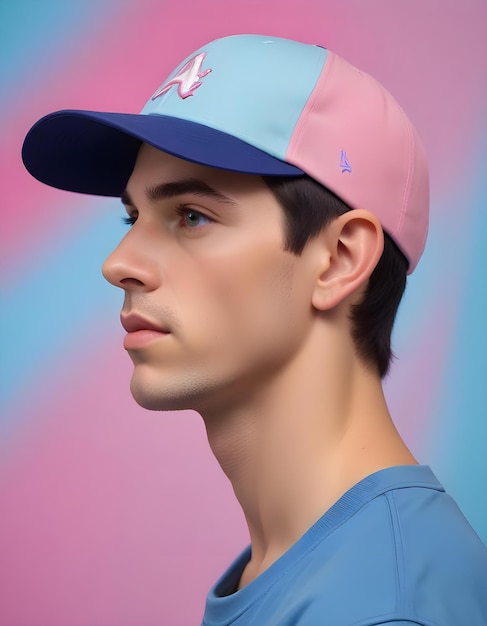 a man wearing a blue and pink cap with the letter a on it