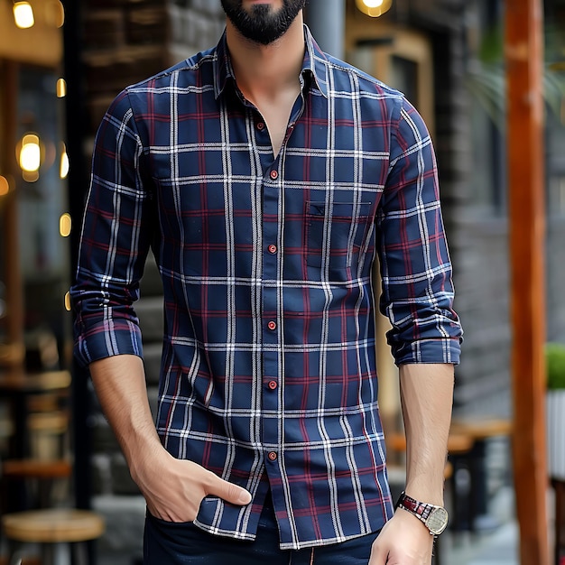 Photo a man wearing a blue and red plaid shirt stands in front of a bar