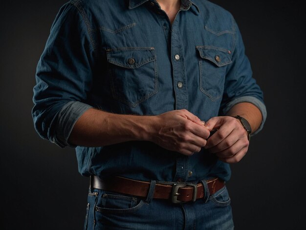 a man wearing a blue shirt and jeans stands in front of a black background