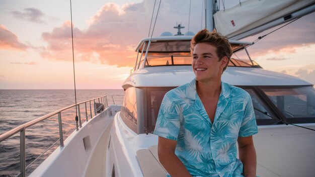 Photo a man wearing a blue shirt smiles while on a sailboat