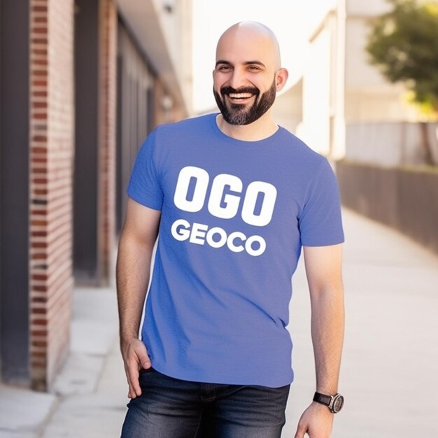 A man wearing a blue shirt that says oolog geoco.