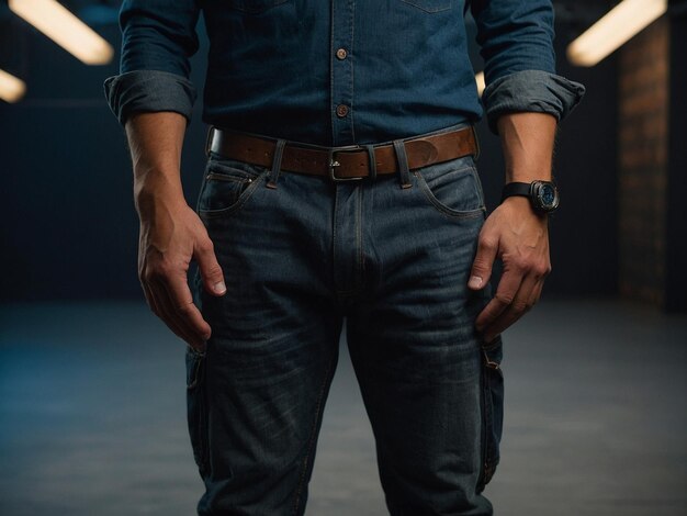 a man wearing a blue shirt that says  the word  on it