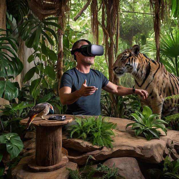 Photo a man wearing a blue shirt and a tiger head is looking at a tiger