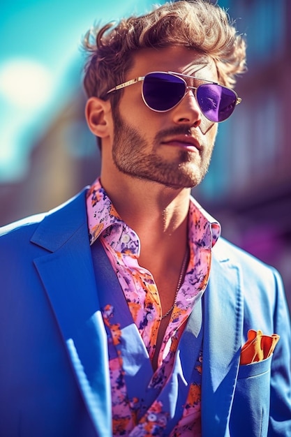 A man wearing a blue suit and sunglasses stands in a street.