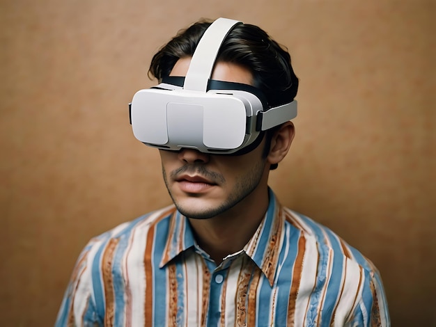 a man wearing a blue and white striped shirt is wearing a pair of virtual glasses