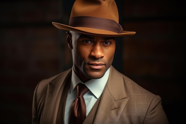 a man wearing a brown hat and a brown tie