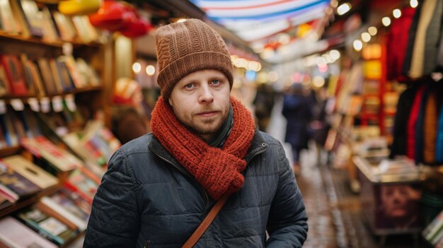 A man wearing a brown hat and a red scarf stands in front of a book store