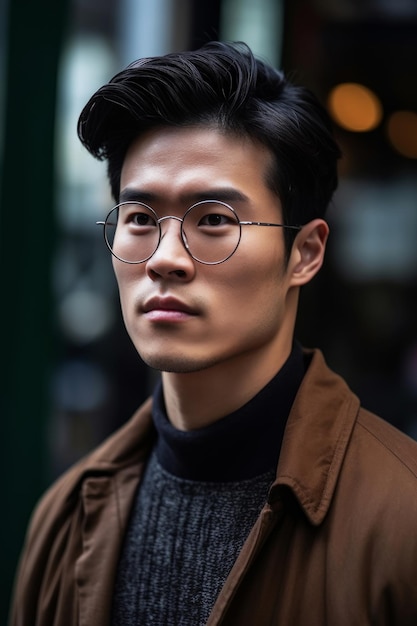 A man wearing a brown jacket and a brown jacket stands in front of a storefront.