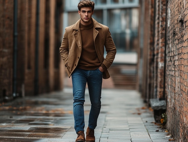 Photo a man wearing a brown jacket and brown shoes is walking down a sidewalk