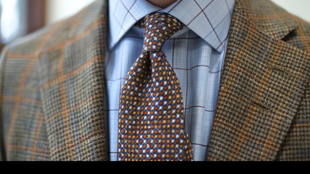 Photo a man wearing a brown plaid suit jacket and a patterned tie