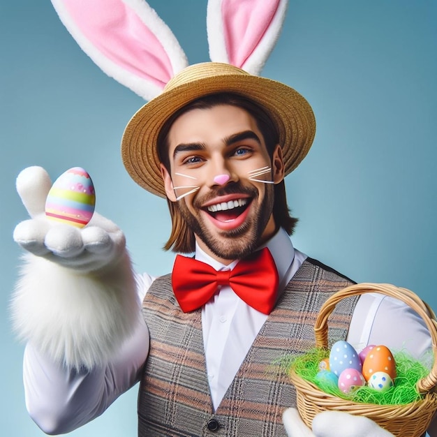 a man wearing a bunny hat holding a basket of easter eggs _ai generated