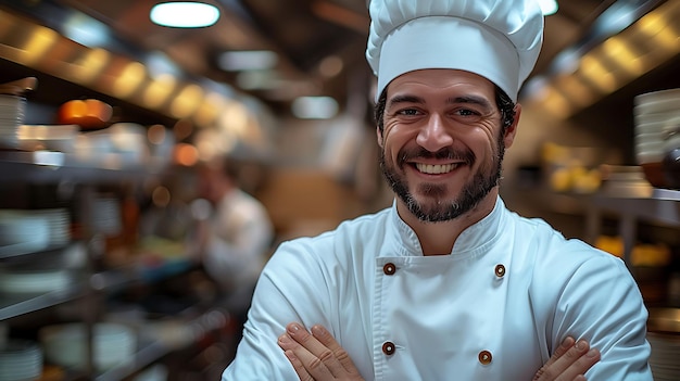 a man wearing a chefs hat stands in front of a counter with other chefs