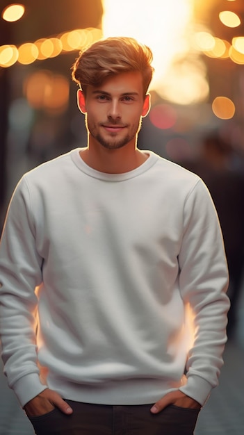 Man wearing clean white sweatshirt On a light blurred background Outdoors Sweatshirt Mockup Concept of urban fashion street style template for design Vertical format