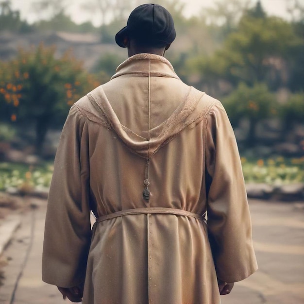 Photo a man wearing a coat with a tag on the back