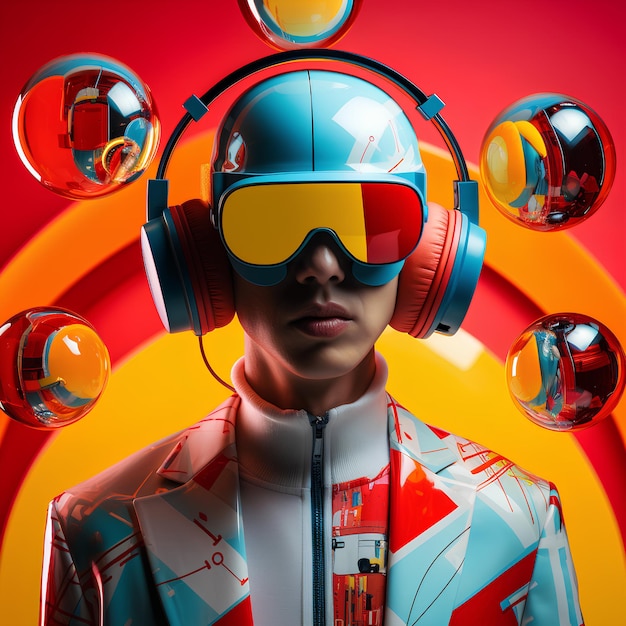 the man wearing colorful suit and holding a terkwaz helmet and headphone