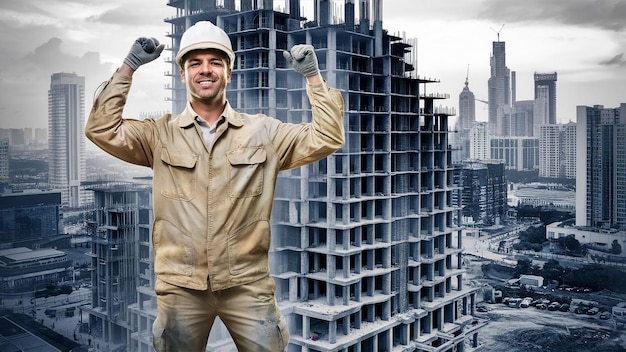 a man wearing a construction hat is smiling and holding a hammer in his hand