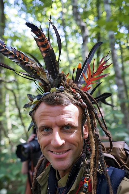 Photo a man wearing a costume with feathers on his head and a hat with feathers on it