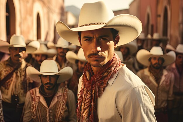 Photo a man wearing a cowboy hat stands in front of a crowd of other men