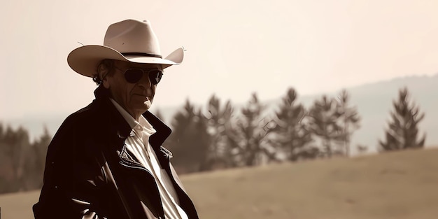 Photo a man wearing a cowboy hat and sunglasses sits in a field