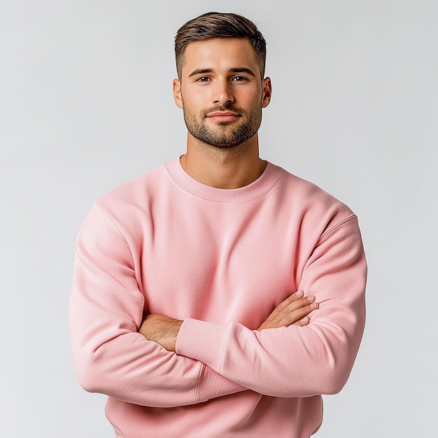 Photo man wearing crew shape colored sweatshirt touching advertisement of skin care product