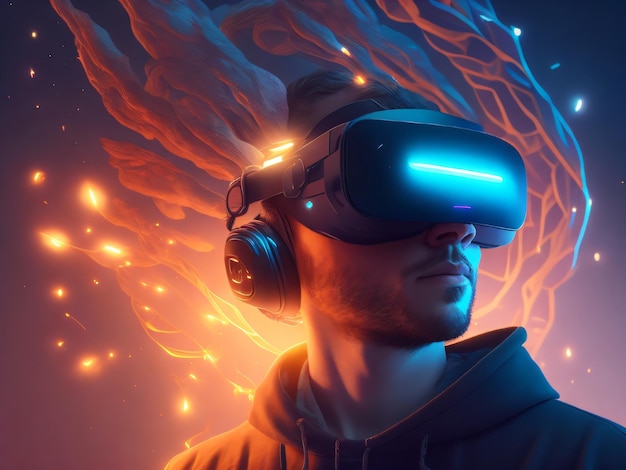 A man wearing a dark blue vr headset fires in the background