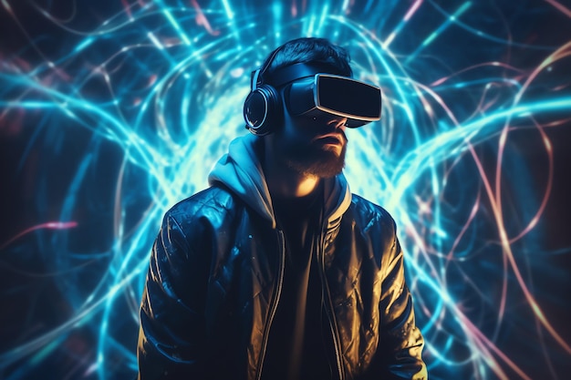 A man wearing a dark colored vr headset stands in front of a blue background with neon lights.