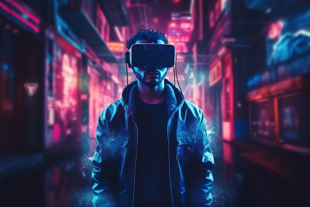 A man wearing a dark jacket and a neon sign that says'vr'on it