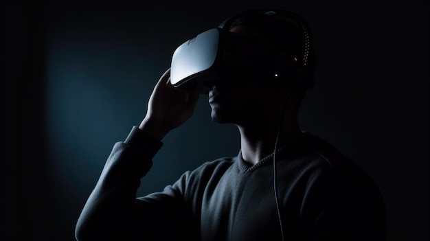 A man wearing a dark sweater holds a virtual reality headset.