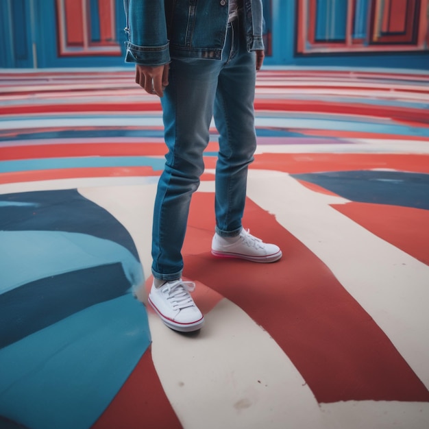 Photo a man wearing a denim jacket stands on a red and blue carpet