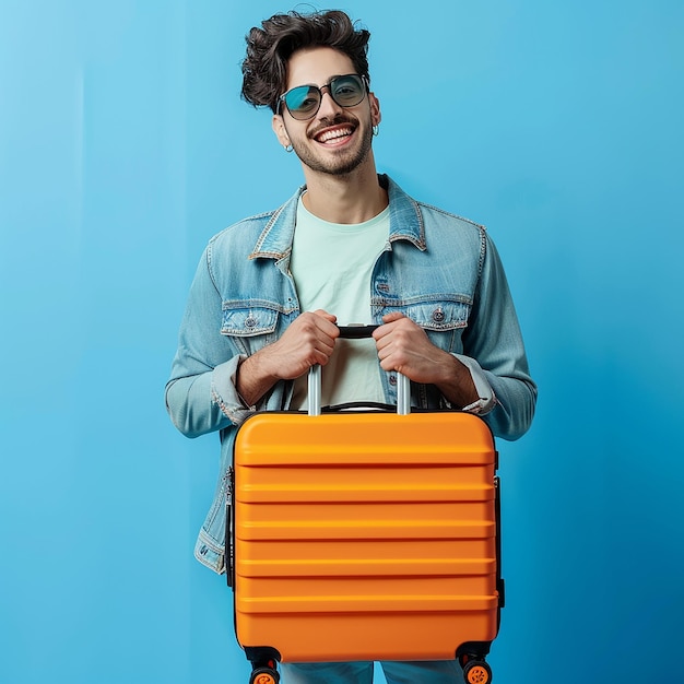 a man wearing a denim jacket with a blue jean jacket and sunglasses holding a suitcase